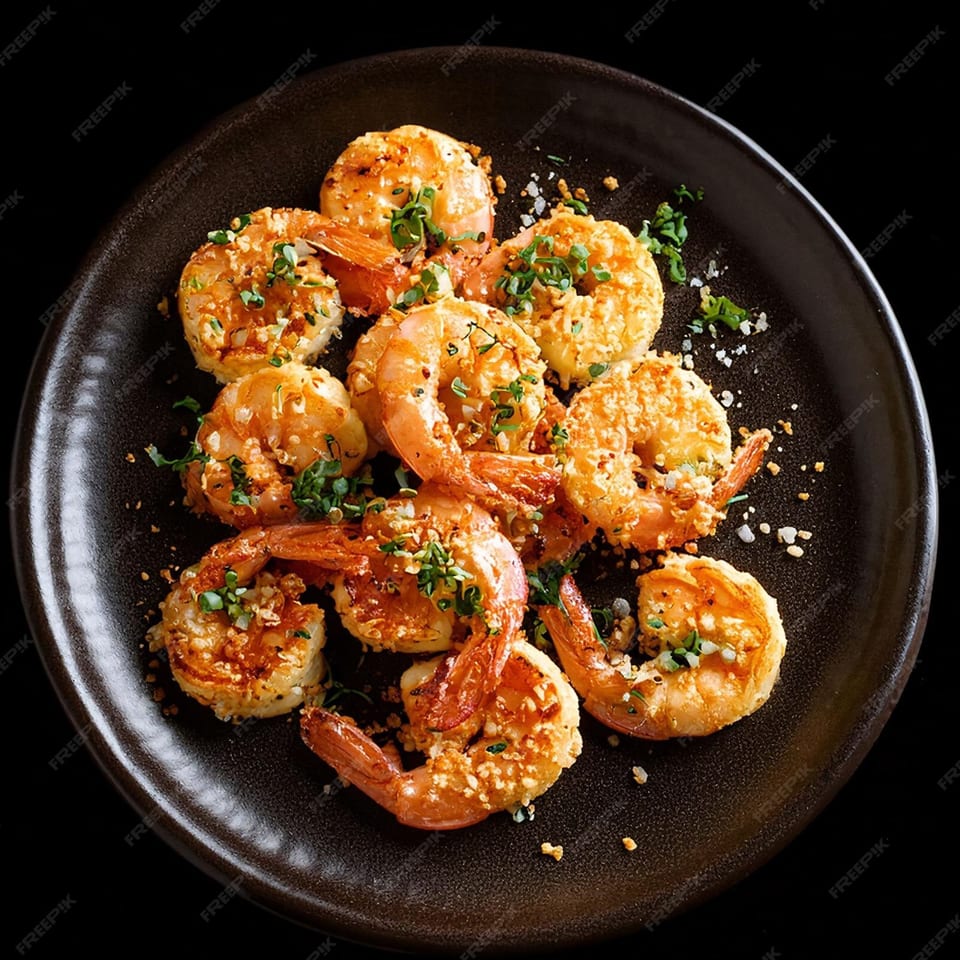 A dark plate holds several golden-brown fried shrimp, garnished with herbs and salt.