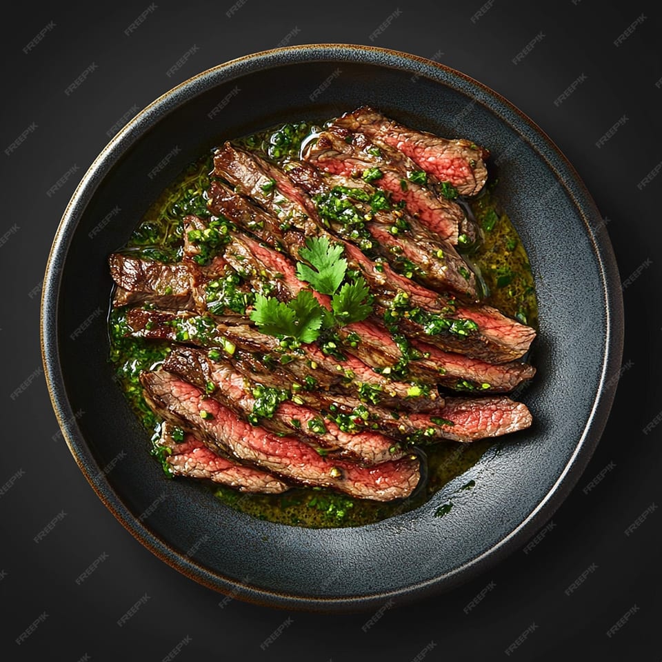 Sliced steak with a vibrant green herb sauce and cilantro garnish in a dark bowl.